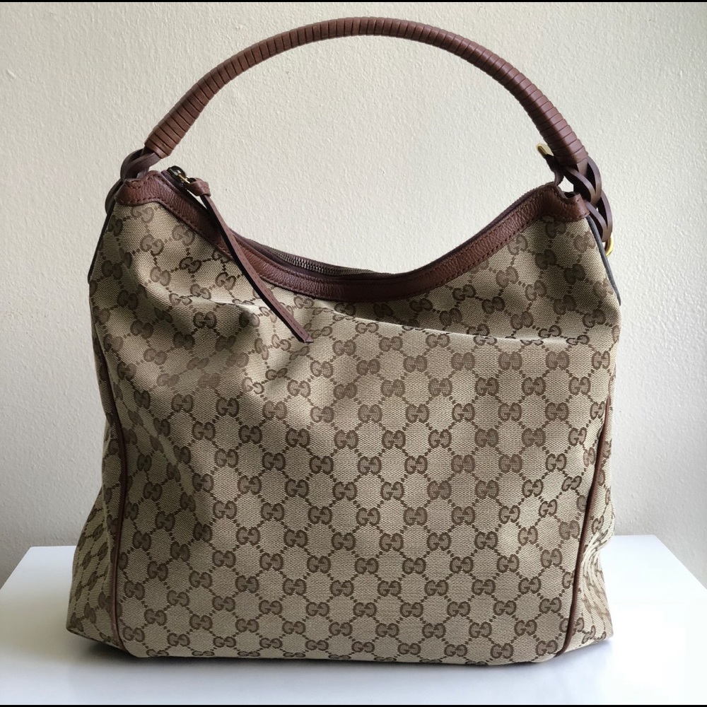 SOLD! Gucci Canvas Hobo Bag With Leather Wrapped Strap